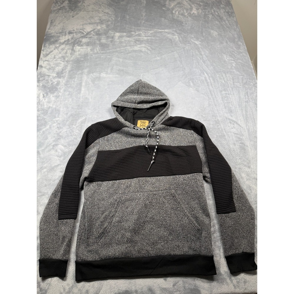 Brooklyn Laundry Hoodie Mens Medium Gray Black Textured Ribbed Panels Drawstring